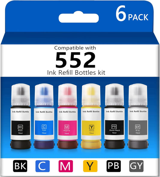 T552 Refill Ink Bottles Compatible with Epsn 552 Ink Refill Bottles Use for EcoTank Photo ET-8550 ET-8500 Printer(PB C M Y GY BK 6 Color Cyan/Magenta/Yellow/Photo Black/Gray Ink Bottles