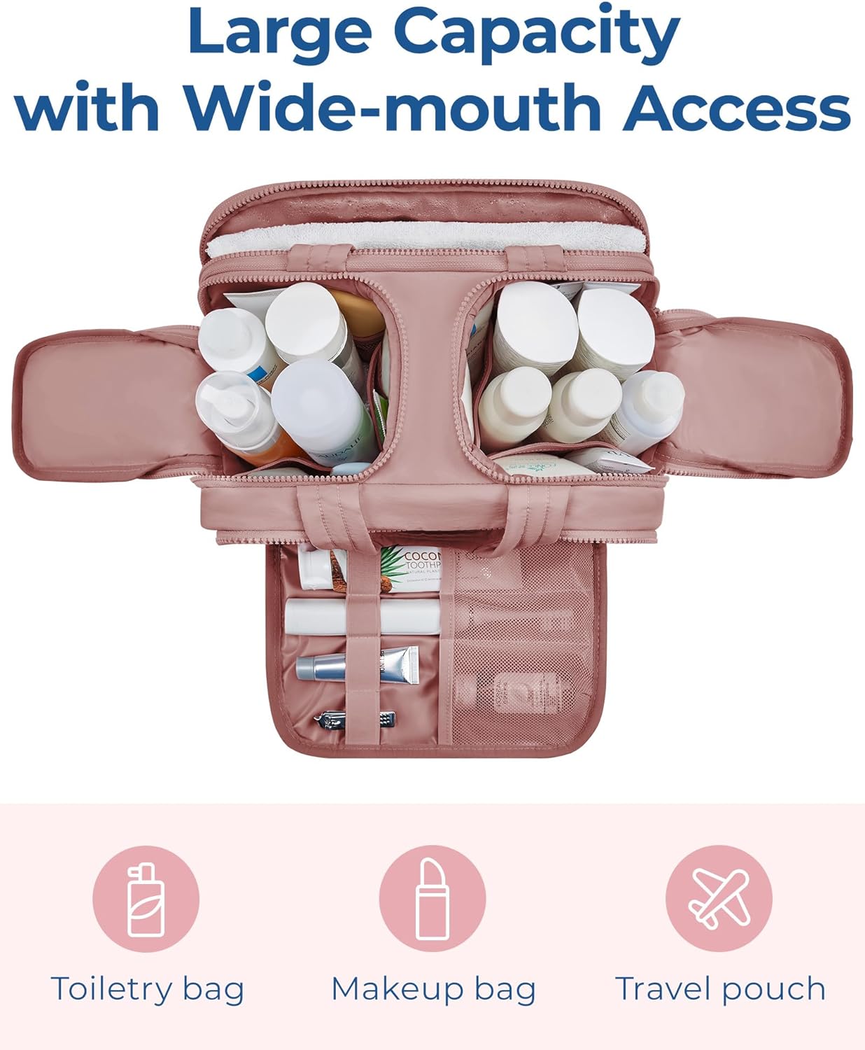 BAGSMART Travel Toiletry Bag, Lightweight Large Wide-open Travel Bag for Women, Puffy Cosmetic Makeup Bag Organizer with Handle for Accessories,Essentials, Toiletries, Dark Pink