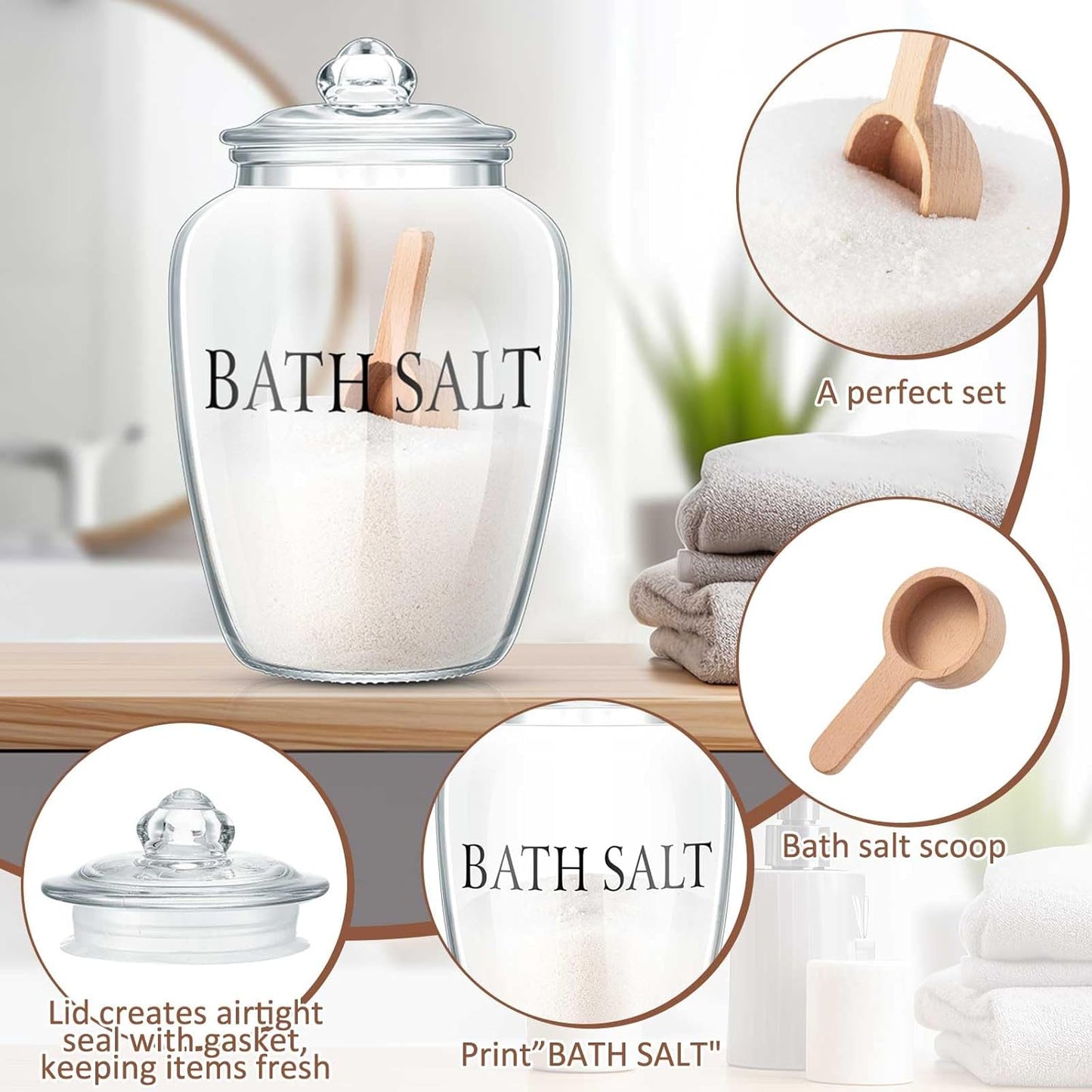 2 Sets 74 oz Bath Salt Container with Airtight Lid and Scoop Big Glass Jar with Wooden Scoop for Bath Flour Salt Candy Tea(Printed)