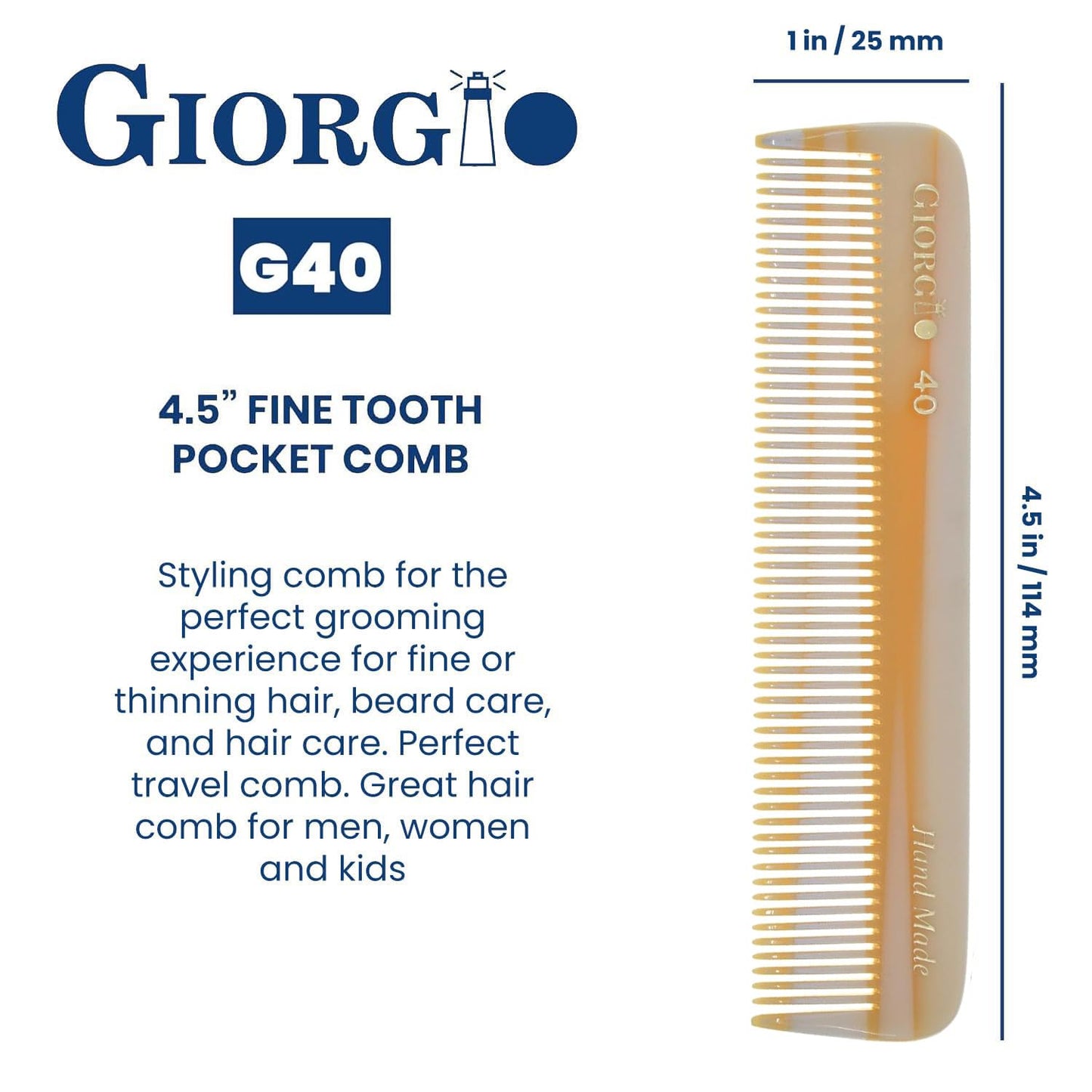 Giorgio G40 Handmade All Fine Tooth Pocket Comb, Hair Comb Straightener for Everyday Grooming Styling Hair, Mustache and Beard for Men Women and Kids, Use Dry or with Balms, Saw Cut and Polished