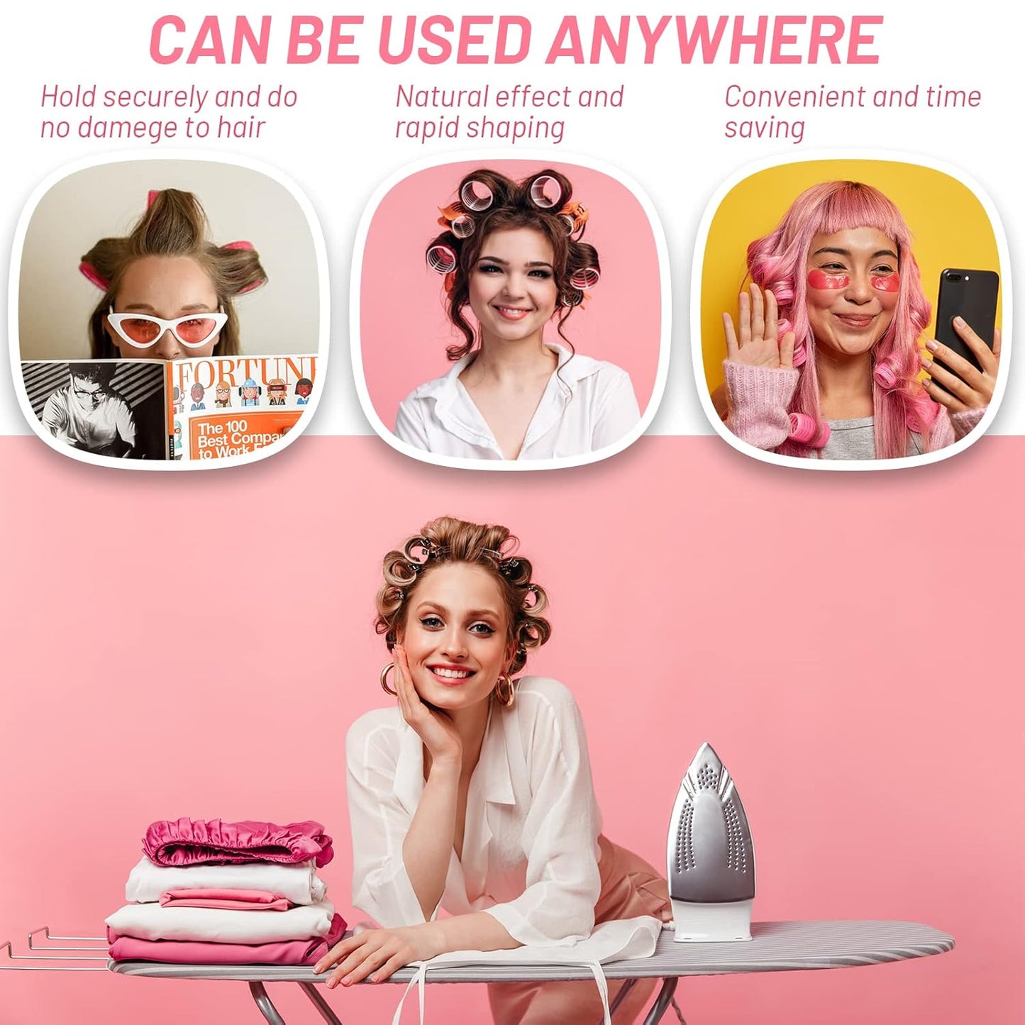 Big Self-Grip Hair Rollers with Stainless Steel Duckbill Clips for Long, Medium Hair and Volume