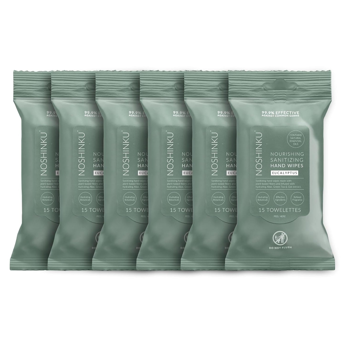 Noshinku Eucalyptus Hand Sanitizer Wipes, 6-Pack (90 Towelettes) – Resealable Travel Wipes with Ethyl Alcohol, Aloe & Green Tea, Plant-Based Fiber, Essential Oil Scents, Cruelty-Free & No Dyes