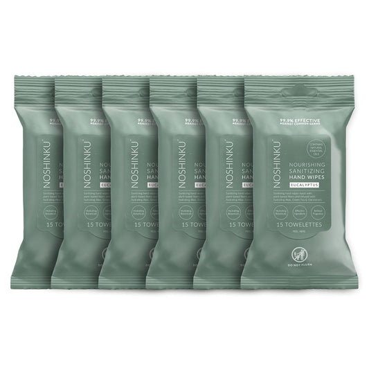 Noshinku Eucalyptus Hand Sanitizer Wipes, 6-Pack (90 Towelettes) – Resealable Travel Wipes with Ethyl Alcohol, Aloe & Green Tea, Plant-Based Fiber, Essential Oil Scents, Cruelty-Free & No Dyes