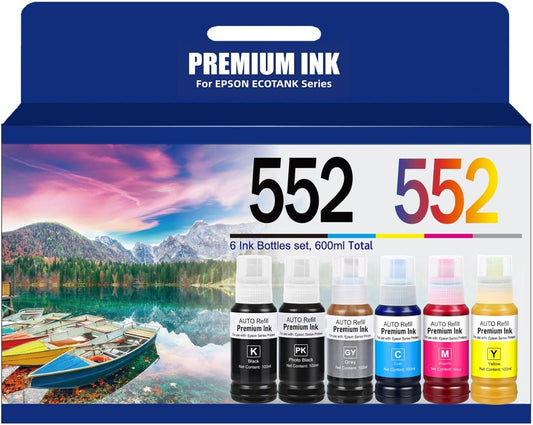 552 Ink Refill Bottles Use for EcoTank Photo ET-8550, EcoTank Photo ET-8500(BK PBK C M Y GY, 600ml)