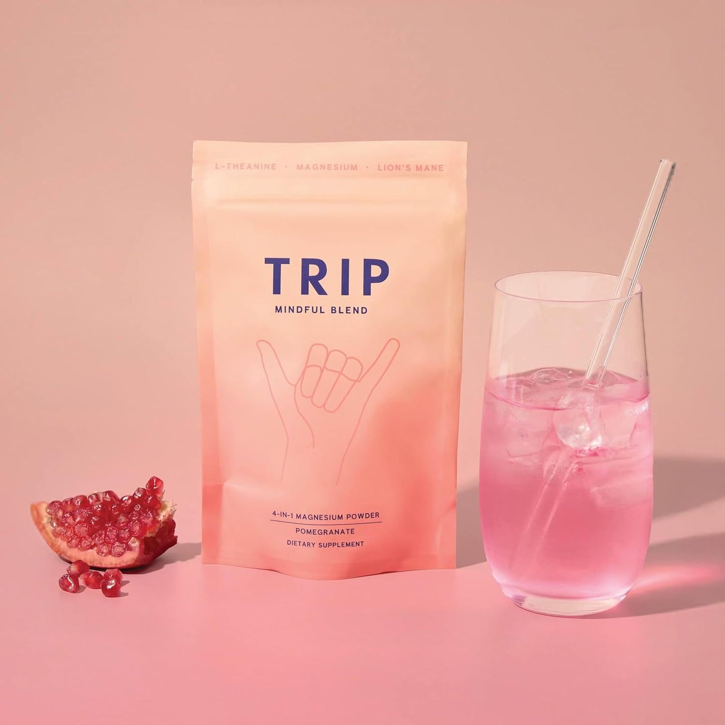 TRIP Magnesium Glycinate Powder with L-Theanine & Lion’s Mane, Sugar Free Magnesium Supplement for Adults, 250mg Magnesium per Drink Mix Serving, Pomegranate Orange Blossom, 1 Bag - 30 Servings