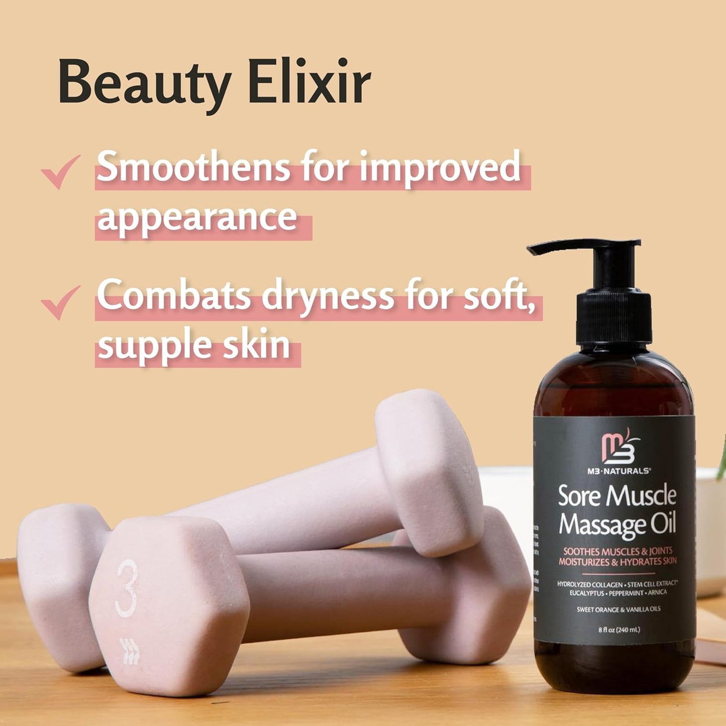 M3 Naturals Arnica Sore Muscle Massage Oil with Collagen, Stem Cells, and Menthol, Anti-Cellulite Therapy for Full Body, Fast-Absorbing Multipurpose Treatment