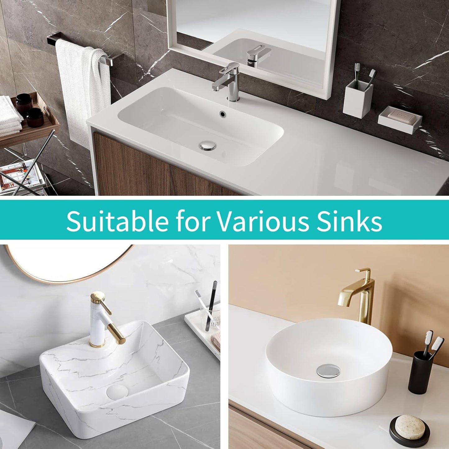 Universal Bathroom Sink Stopper with Hair Catcher, for 1.04-1.97 Inch Drain Hole, Spring Core Bathtub Drain Cover, Pop Up Sink Plug Basin Drain Strainer, Large Lid Black