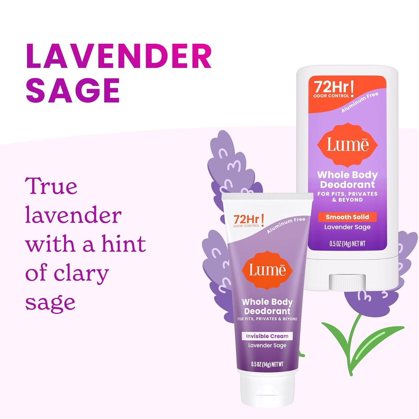 Lume Whole Body Deodorant - Invisible Cream + Solid Stick Mini Bundle - 72 Hour Odor Control - Aluminum & Baking Soda Free, Skin Loving - 0.5 Ounce Each - Travel, Trial Size Minis (Lavender Sage)