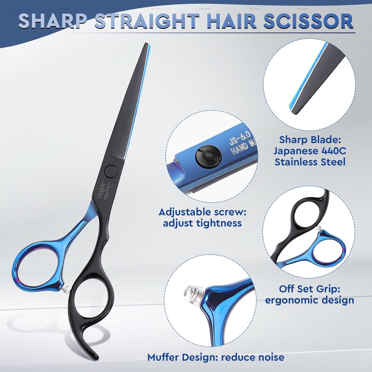 JASON Professional 10 PCS Haircut Scissors Set - 6.7" Thinning/Texturizing Scissors, Straight Shears for Men Women Home Salon Barber (30 Teeth, Black & Blue)