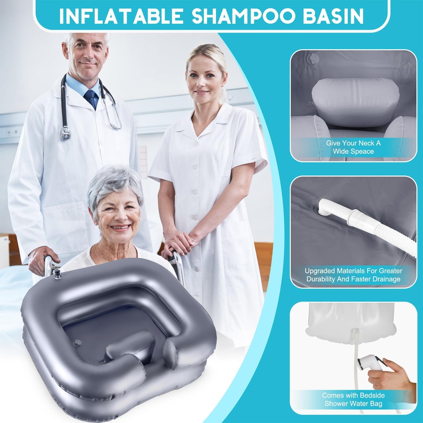 Inflatable Shampoo Basin, Loc Detox Tub for Dreads, Shampoo Buddy Bowl for Bedridden, Disabled,Injured with 2.5 GL Portable Water Shower Bag(Silvery)