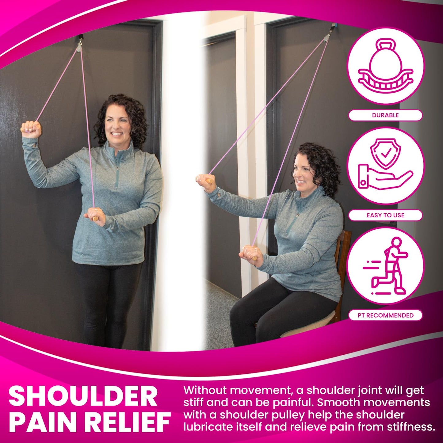 RangeMaster Econo Ranger Shoulder Pulley │ Physical Therapy Exercises │ Aids in Recovery and Rehabilitation │ Increases Mobility │ Wooden Handles for Comfort │ Metal Bracket Door Attachment (Pink)