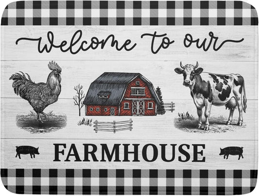 Farmhouse Barn Dish Drying Mat 18x24 Inch Cow Rooster Absorbent Microfiber Dish Drainer Rack Pad Bottles Protector for Kitchen Counter