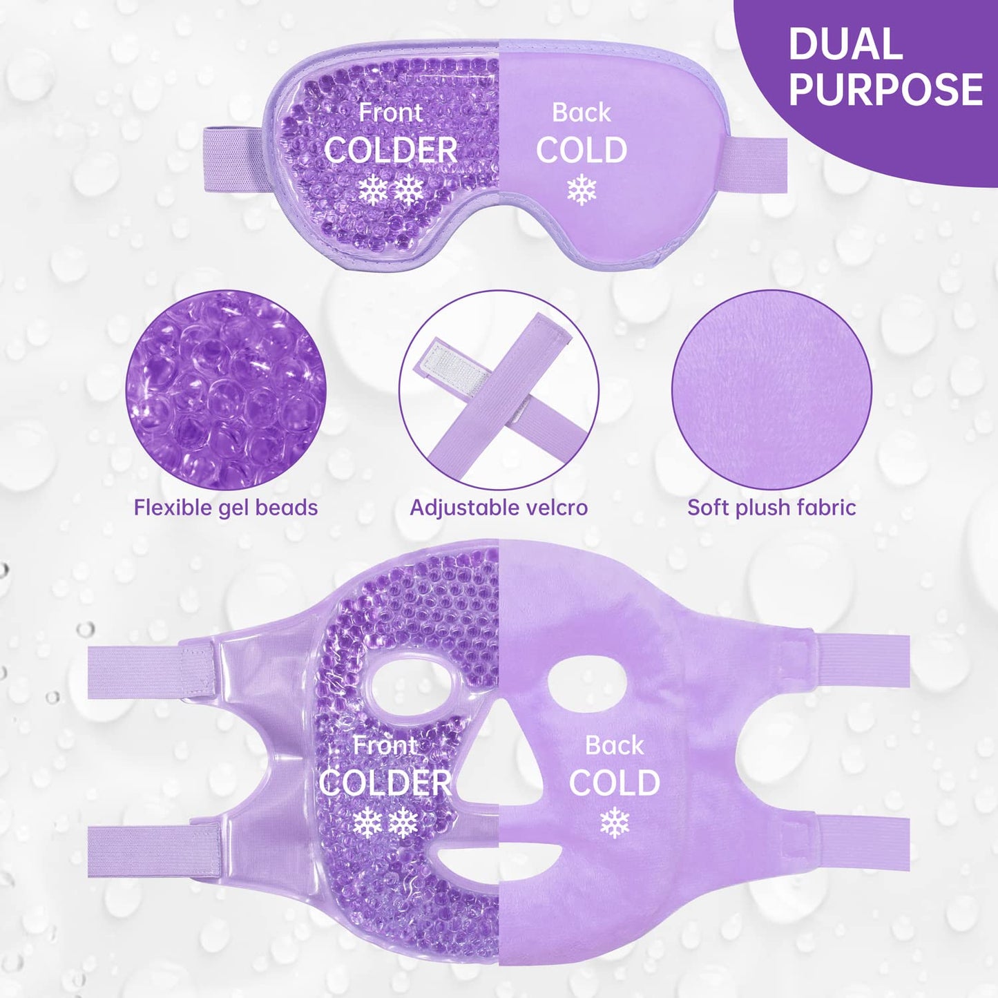 ZNÖCUETÖD Cooling Ice Face Eye Mask for Reducing Puffiness, Bags Under Eyes,Sinus,Redness,Pain Relief,Dark Circles, Migraine,Hot/Cold Pack with Soft Plush Backing (Purple(1* Eye Mask+1*Face Mask))