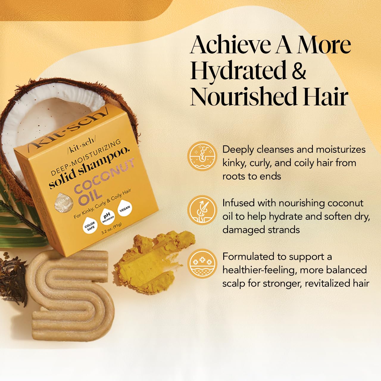 Kitsch Coconut Oil Shampoo Bar - Hydrate & Soften Dry Damaged Hair - Deep Moisturizing Curly Hair Shampoo - Safe Shampoo for Color Treated Hair - Silicone, Paraben & Sulfate Free - 3.2 oz