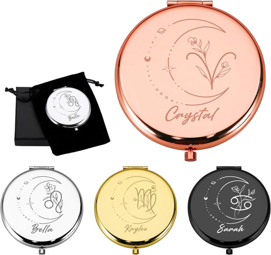 Personalized Compact Mirror, Custom Birth Flower Pocket Mirror Gift for Women Girls Daughter Mom, Customized Zodiac Travel Makeup Mirror, Wedding Favors Gifts, Bridal Shower Gifts, Stocking Stuffers