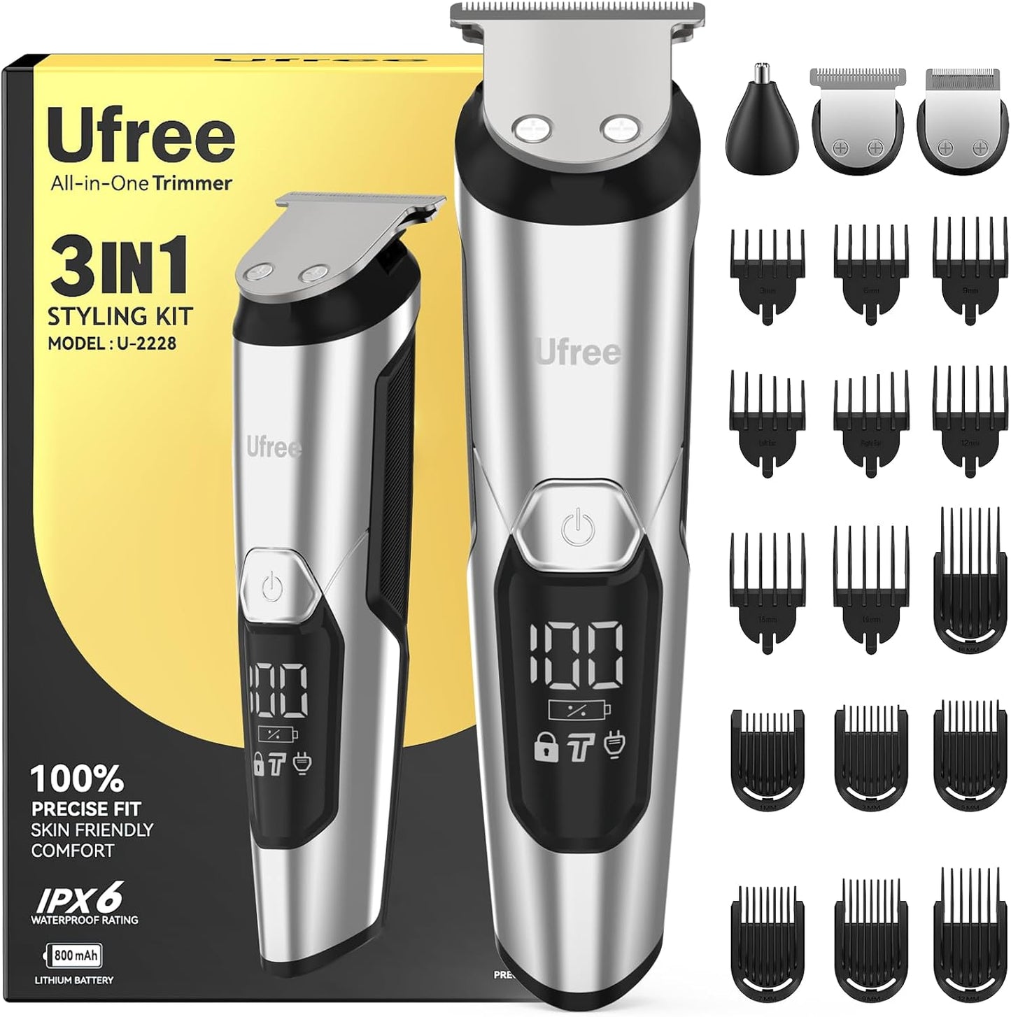 Ufree 3-in-1 Beard Trimmer Kit, Men's Electric Shaver Razor for Mustache Body Nose Facial Hair, Professional Hair Trimmer, Rechargeable Clippers, Waterproof Beard Grooming, Birthday Gifts for Men