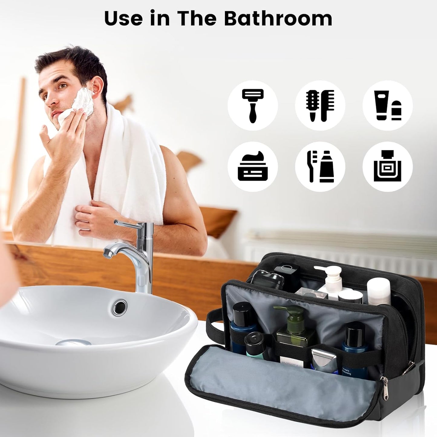 Vorspack Large Travel Toiletry Bag - Water Resistant Toiletry Bag for Men for Bathroom Toiletries Accessories Gifts - Black