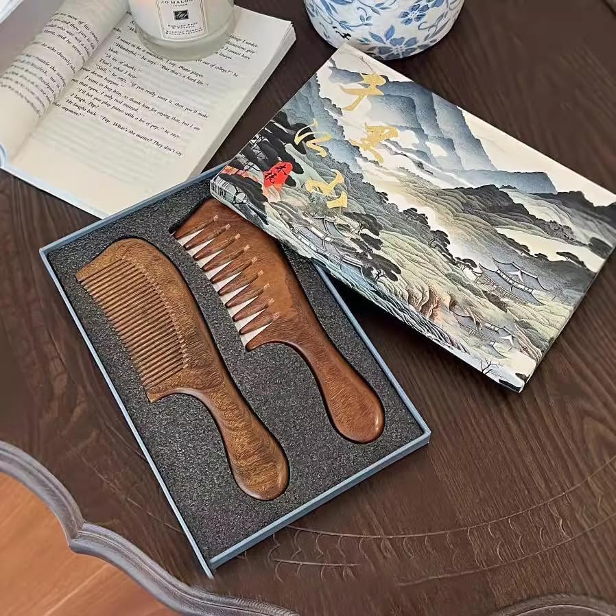 Walnut Wood Hair Comb, Wooden Comb with Handle, Walnut Wood Hair Comb, Natural Seamless Wood Comb,Walnut/Sandalwood Wide Tooth Curly Hair Comb, Anti-static Comb, for Women Men. (Long tooth comb 2PCS)