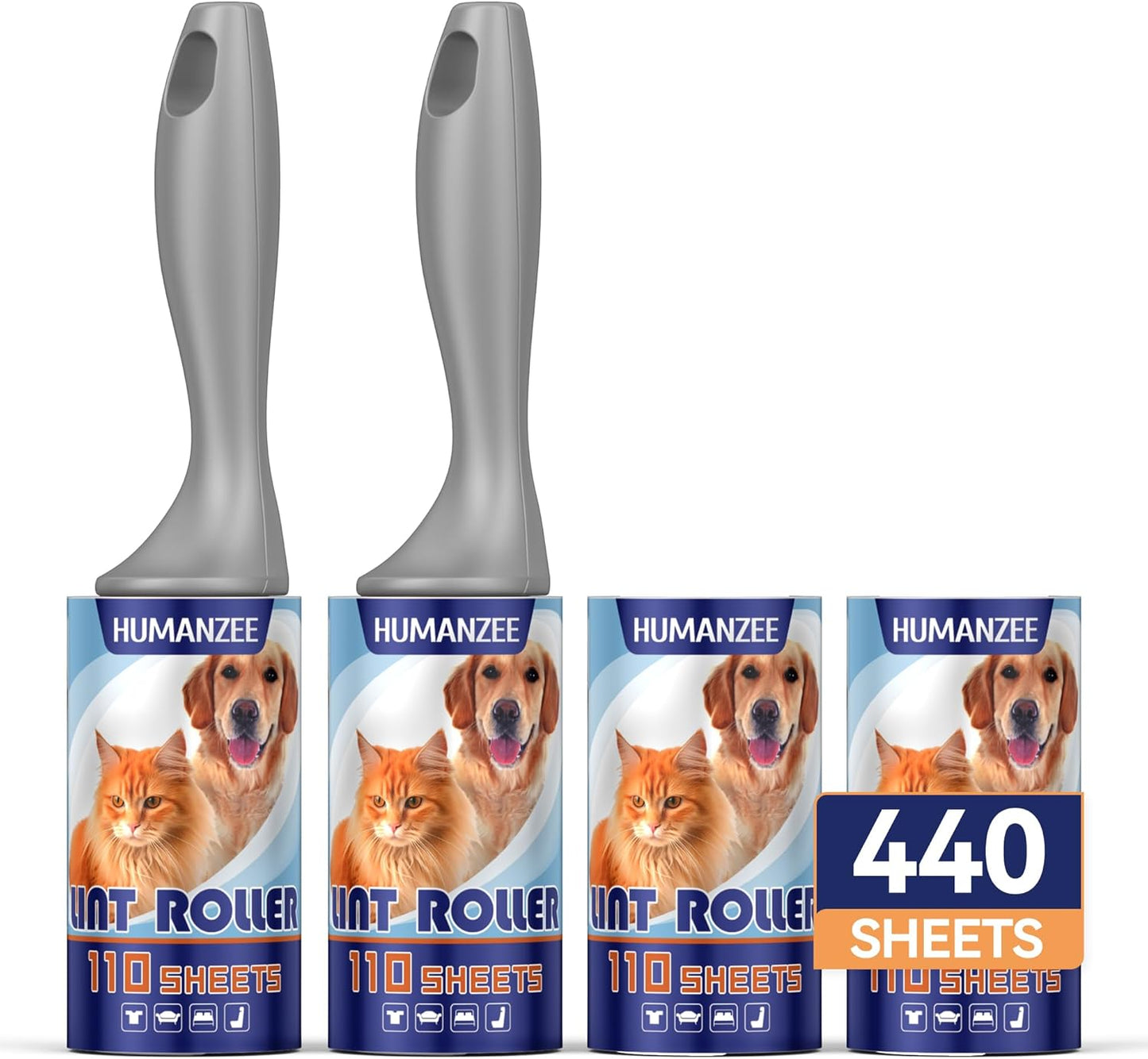 Lint Rollers for Pet Hair Extra Sticky,440 Sheets Mega Value Set with Reinforced 2 Handles and 4 Replaceable Tough Papers, Portable Pet Lint Remover for Clothes, Sofa Bed, Car Seat, and More