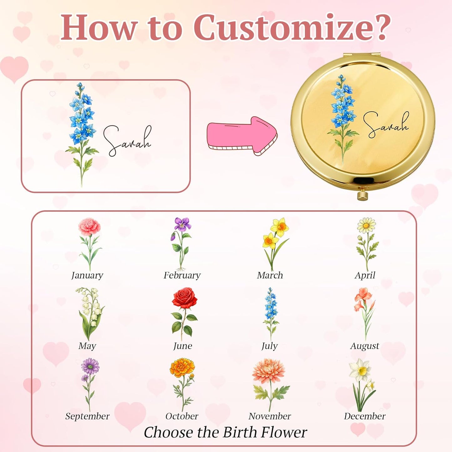 Personalized Compact Mirror for Women, Custom Birth Flower and Name Pocket Mirror, 1X/2X Magnification Travel Makeup Mirror for Purse, Gift for Bridesmaid Wedding Birthday Christmas Mom Friend Sister