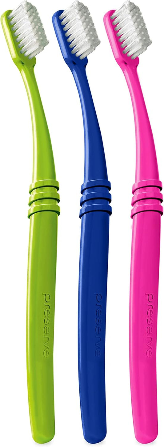 Preserve Eco Friendly Adult Toothbrushes, Made in The USA from Recycled Plastic, Lightweight Paper Packaging, Ultra Soft Bristles, Colors Vary, 3 Count