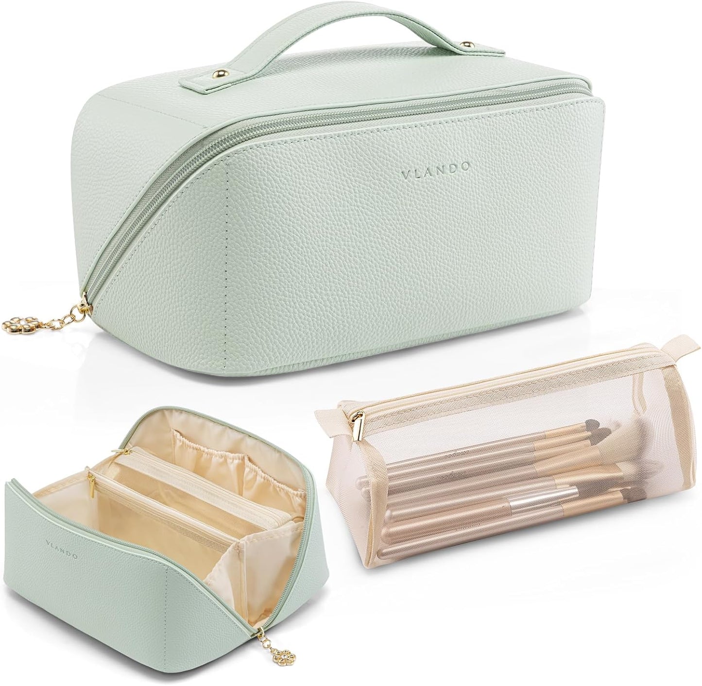 Vlando Makeup Bag,Large Capacity Toiletry Bag for Women Waterproof Portable Make up Pouch PU Leather Open Flat Cosmetic Bag(Mint Green)