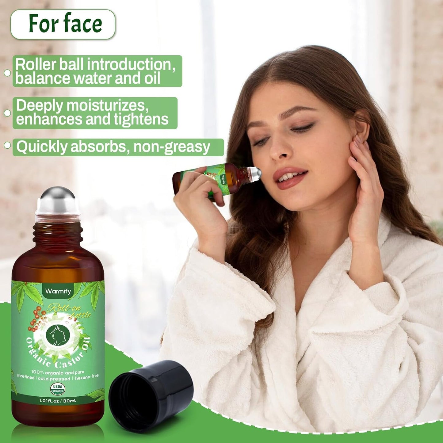 2-in-1 Castor Oil Roll On for Face & Hands, Organic Cold Pressed, Hexane-Free, Unrefined Glass Bottle – Targeted Roller Balls for Eye, Lip, Skin, Nail & Cuticle Care – 2 x 1 fl.oz