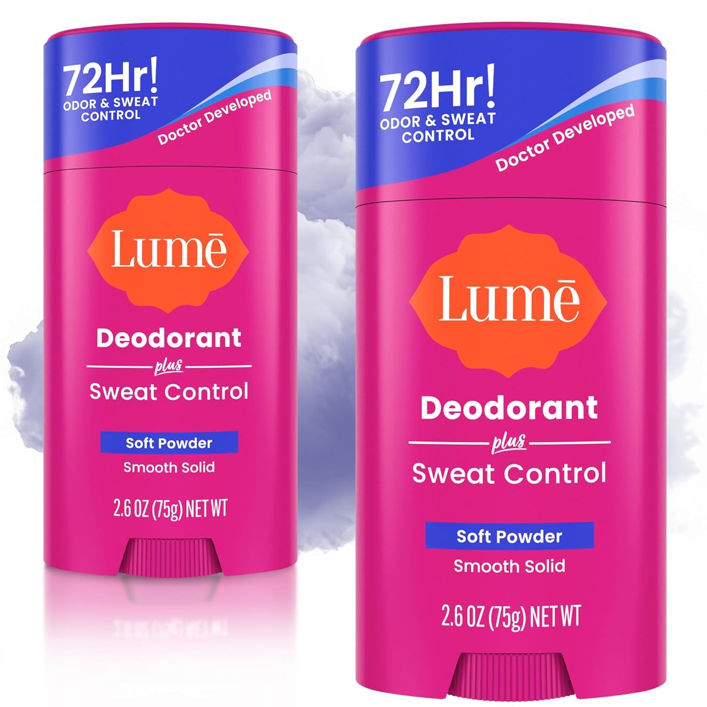 Lume Deodorant Plus Sweat Control - Smooth Solid Stick - Extra Strength Antiperspirant - 72 Hour Odor And Sweat Control - Baking Soda Free, Skin Loving - 2.6 ounce (Soft Powder) Pack of 2