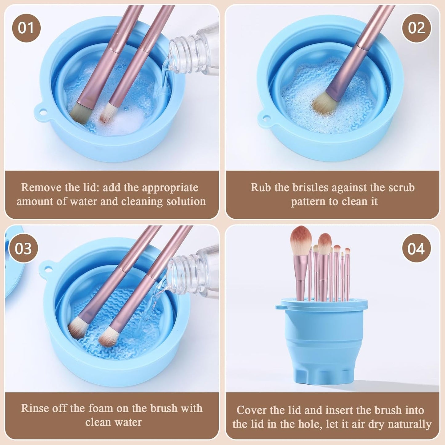 WantGor Makeup Brush Cleaner Mat with Brush Storage Holder, 3 in 1 Foldable Silicone Bowl Cosmetic Brushes Cleaning Pads Tool for Makeup Brush, Makeup Sponge, Powder Puff (Blue)