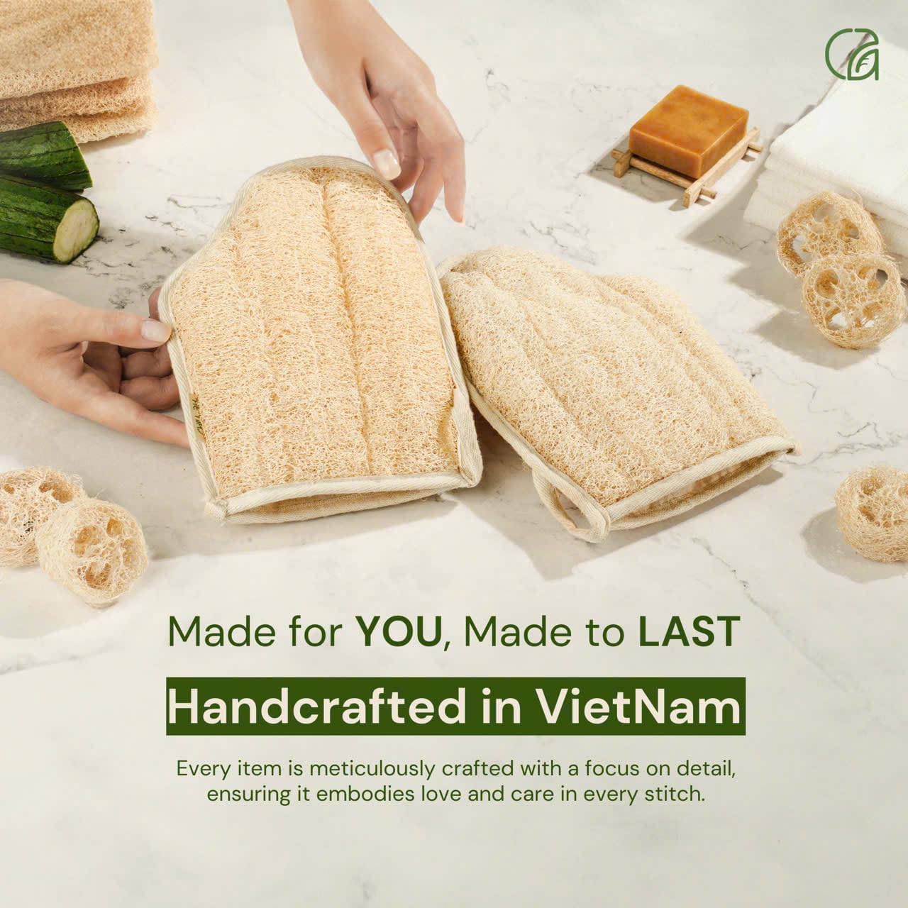 Chill Ah Green Glow Dual-Sided Loofah Bath Mitts (2-Pack) – 100% Plant-Based, Dye-Free, Biodegradable, Handcrafted in Vietnam – Natural Exfoliating Gloves for Glowing Skin