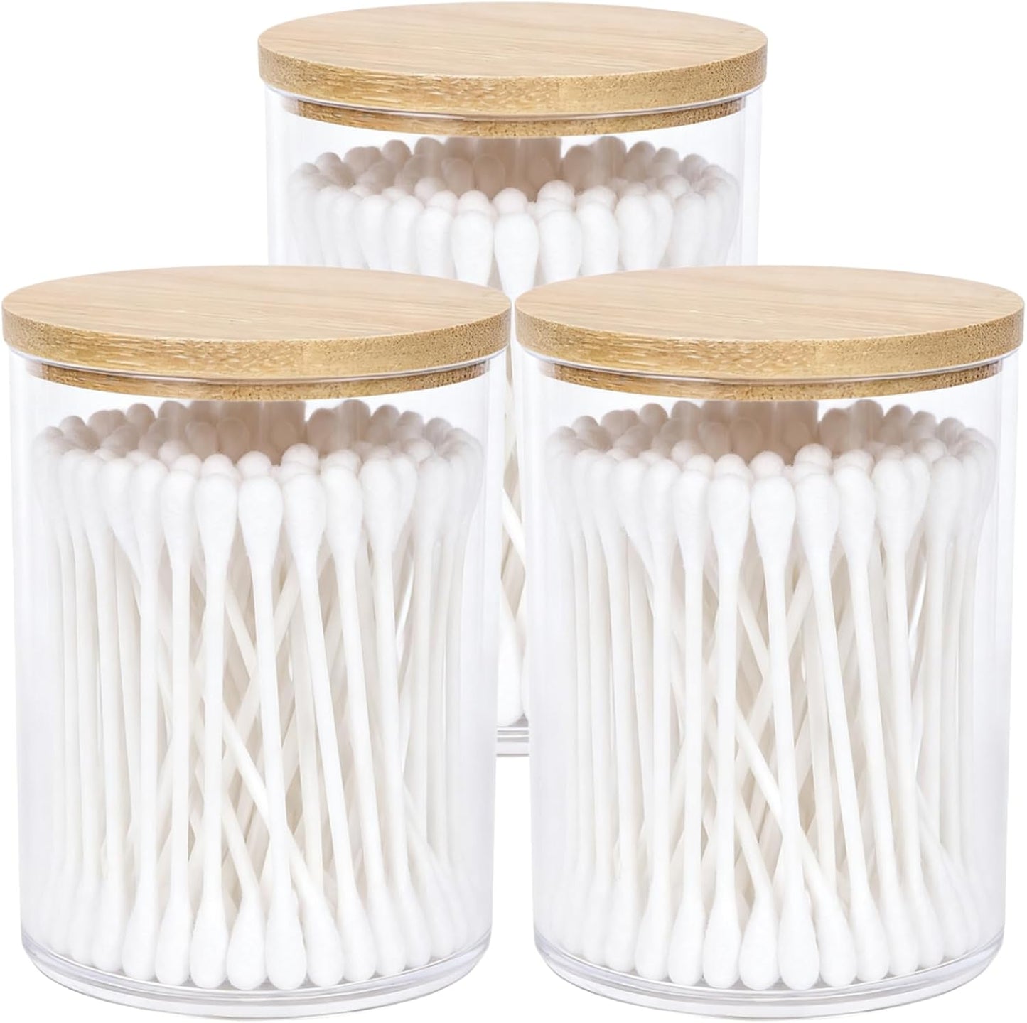 AXX Qtip Dispenser Apothecary Jars Bathroom - Qtip Holder Storage Canister Clear Plastic Jar for Cotton Swab,Q-Tips,Cotton Rounds (H#Bamboo 3Pcs)