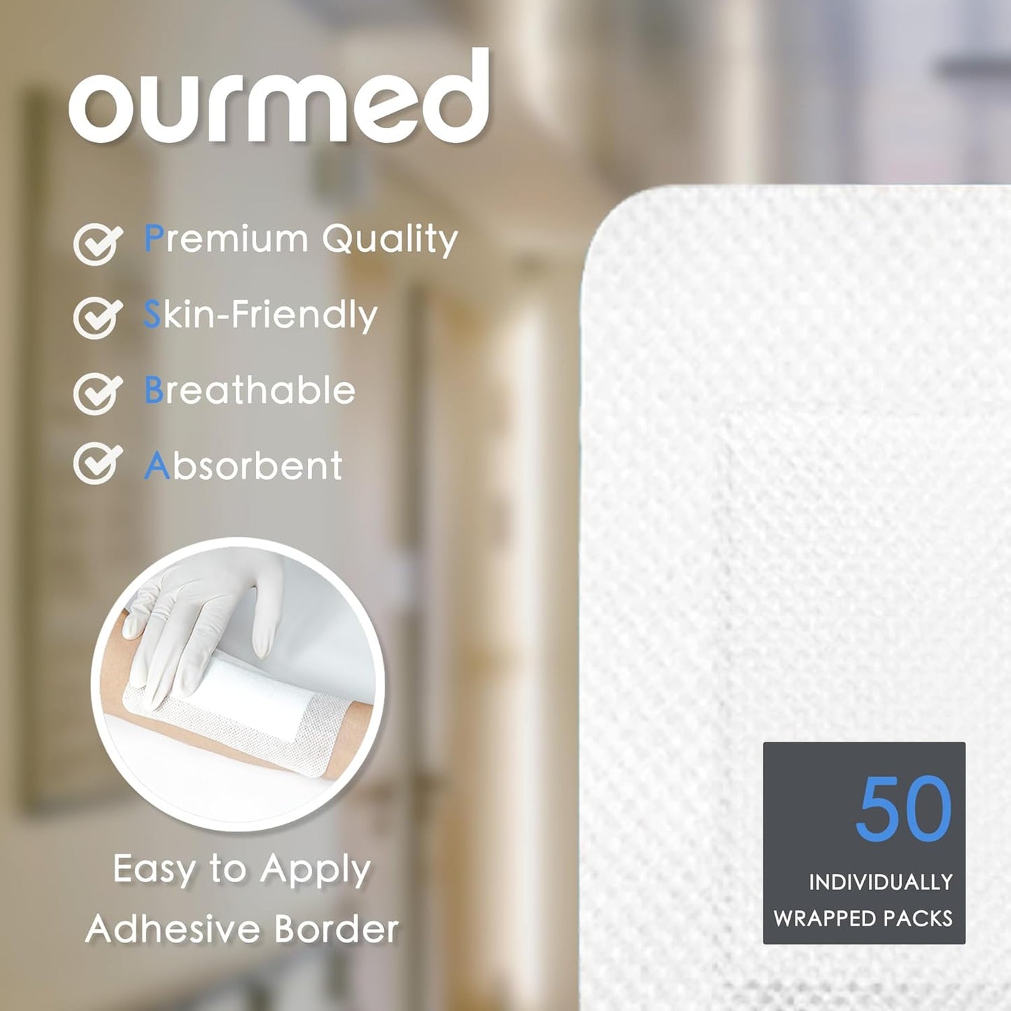 Island Dressing Bordered Gauze 4"x 4"(2"x 2" Absorbent Pad), Pack of 50, Self-Adhesive Sterile Dressing with Highly Absorbent, Latex& Rubber- Free, for Cuts and Scratches