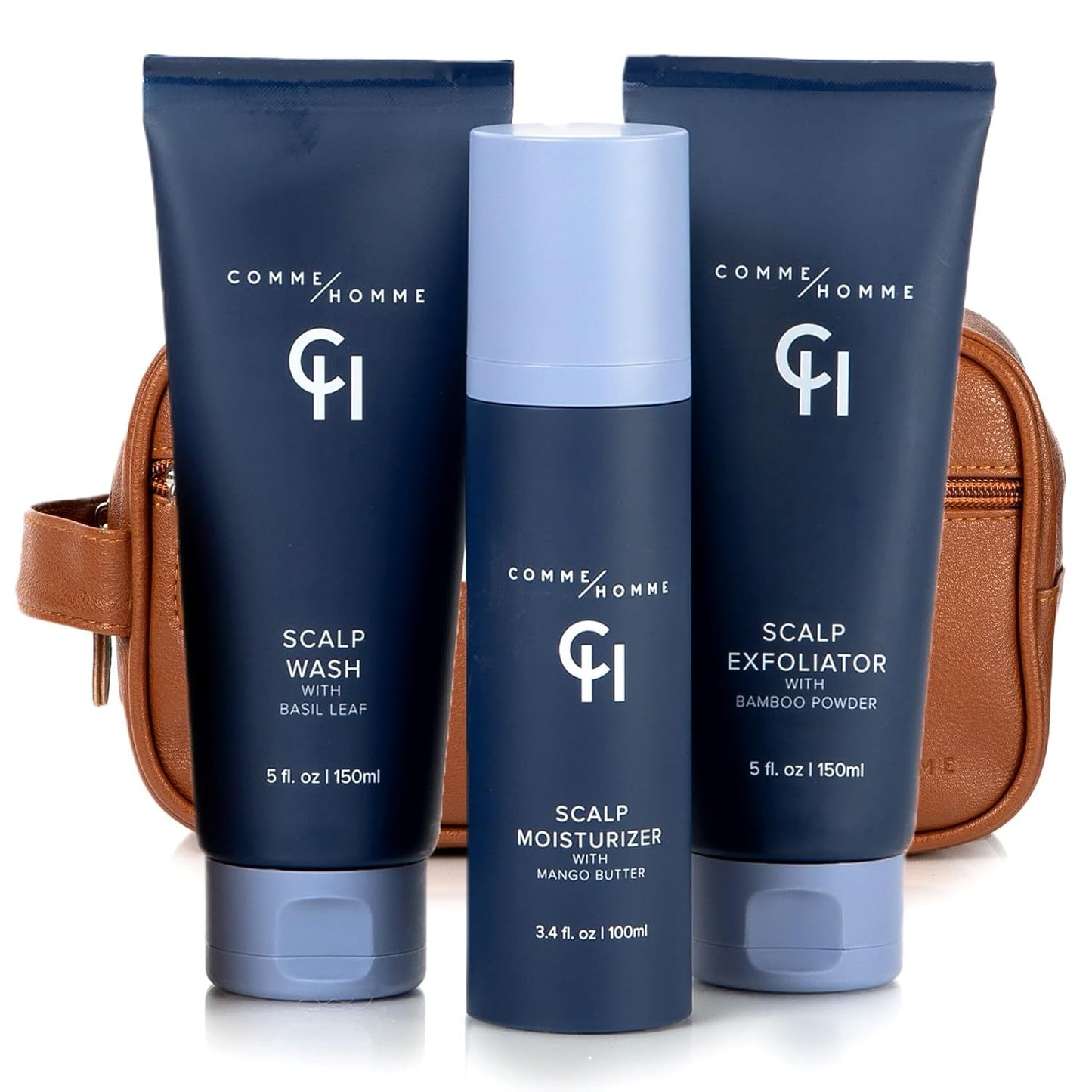 Comme Homme Ultimate Scalp Care Bundle for Bald Men | 3-Step Routine with Scalp Wash, Exfoliator & Moisturizer | Deep Cleanse, 24-Hour Moisture & Skin Protection | Free Toiletry Bag Included