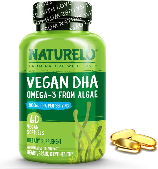NATURELO Vegan DHA - Omega 3 Oil from Algae - Supplement for Brain, Heart, Joint, Eye Health - Provides Essential Fatty Acids for Women, Men and Kids - Complements Prenatal Vitamins - 60 Softgels