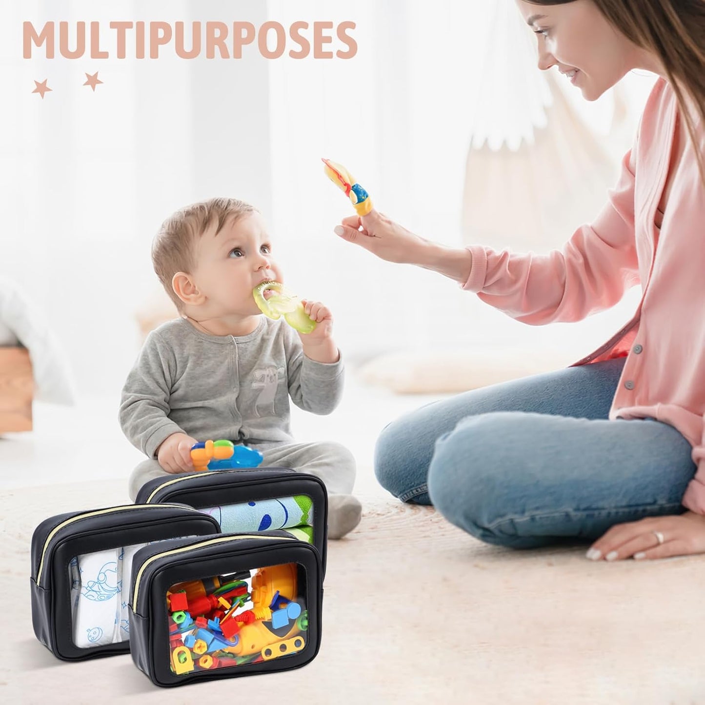 3PCS Diaper Bag Organizer Pouch Set, TSA Approved Toiletry Bag,Clear Waterproof TPU Makeup Bag Set Travel Organizer Bags for Women and Kids