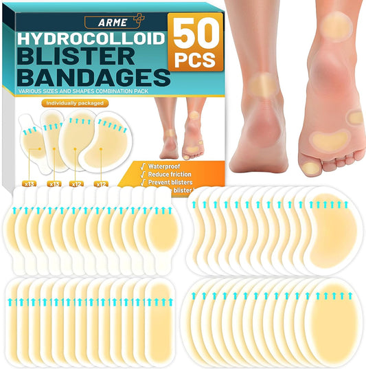 Arme Hydrocolloid Bandages, 50Pcs Gel Blister Bandages for Feet, Waterproof Blister Pads Blister Cushions for Prevention & Recovery, Blister Bandaids for Heel Foot Toe Protection(4 Shape Variety Pack)