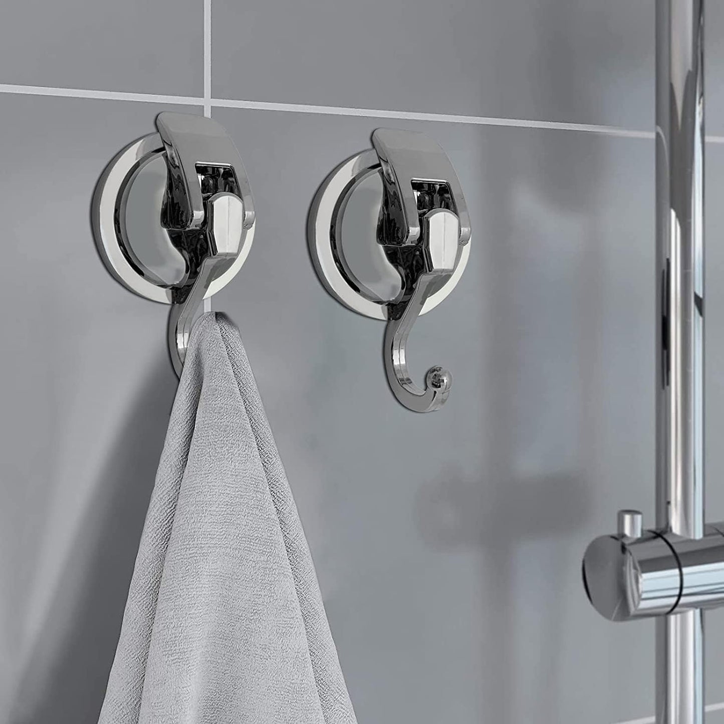 Suction Cup Hooks - Heavy Duty Glass, Reusable, No Hole Punched, for Bathroom Robe & Garland (Silver, 4 Pack)