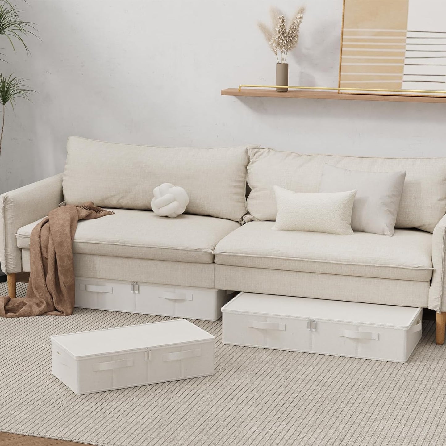 Underbed Storage Container, Foldable Under Bed Bins, Wardrobe Organisers with Lid for Organizing Clothes, Sheets, Blankets, Comforter, 23.6x11.8x5.9in, Beige, 2 Pack