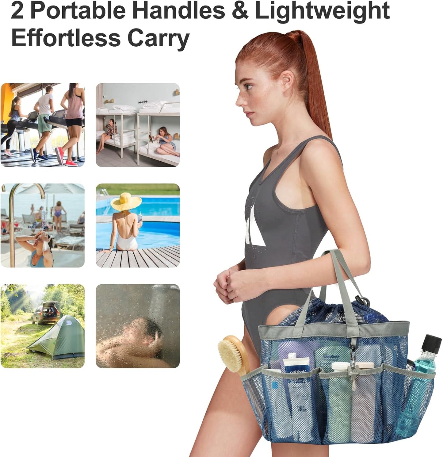 F-color Mesh Shower Caddy Portable with Drawstring - Upgrade Deeper 7 Pockets Dorm Room Essentials for Guys Girls with S Hook, Shower Bag Basket Tote for College Camping Toiletry Bathroom, Blue