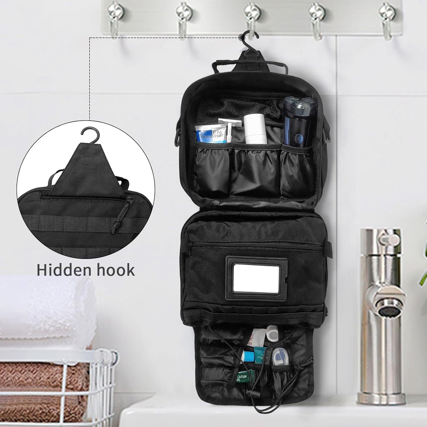 Tactical Travel Toiletry Bag for Men and Women, Hanging Travel Toiletries Organizer Dopp Kit, Toiletry Shaving Hygiene Bag,Bathroom Essentials Men's Toiletry Bag for Short Trips Camping - Black