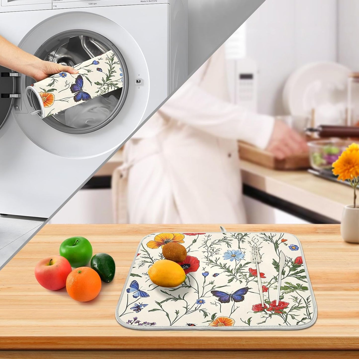 Butterfly Red Tulip Wildflower Dish Drying Mats for Kitchen Counter Absorbent Microfiber Dish Drying Matt 16 x 18 Inch Draining Reusable Rack Pad