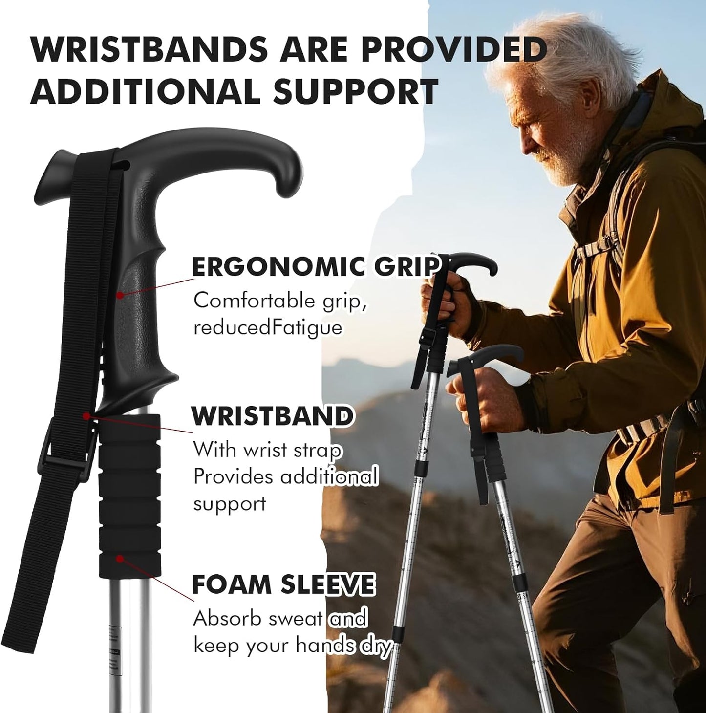 Telescopic Walking Cane 43 Inch with Anti-Shock & T-Grip Handle - 7075 Aluminum Quick Lock Trekking Pole, Ultralight for Hiking, Camping, Mountaineering