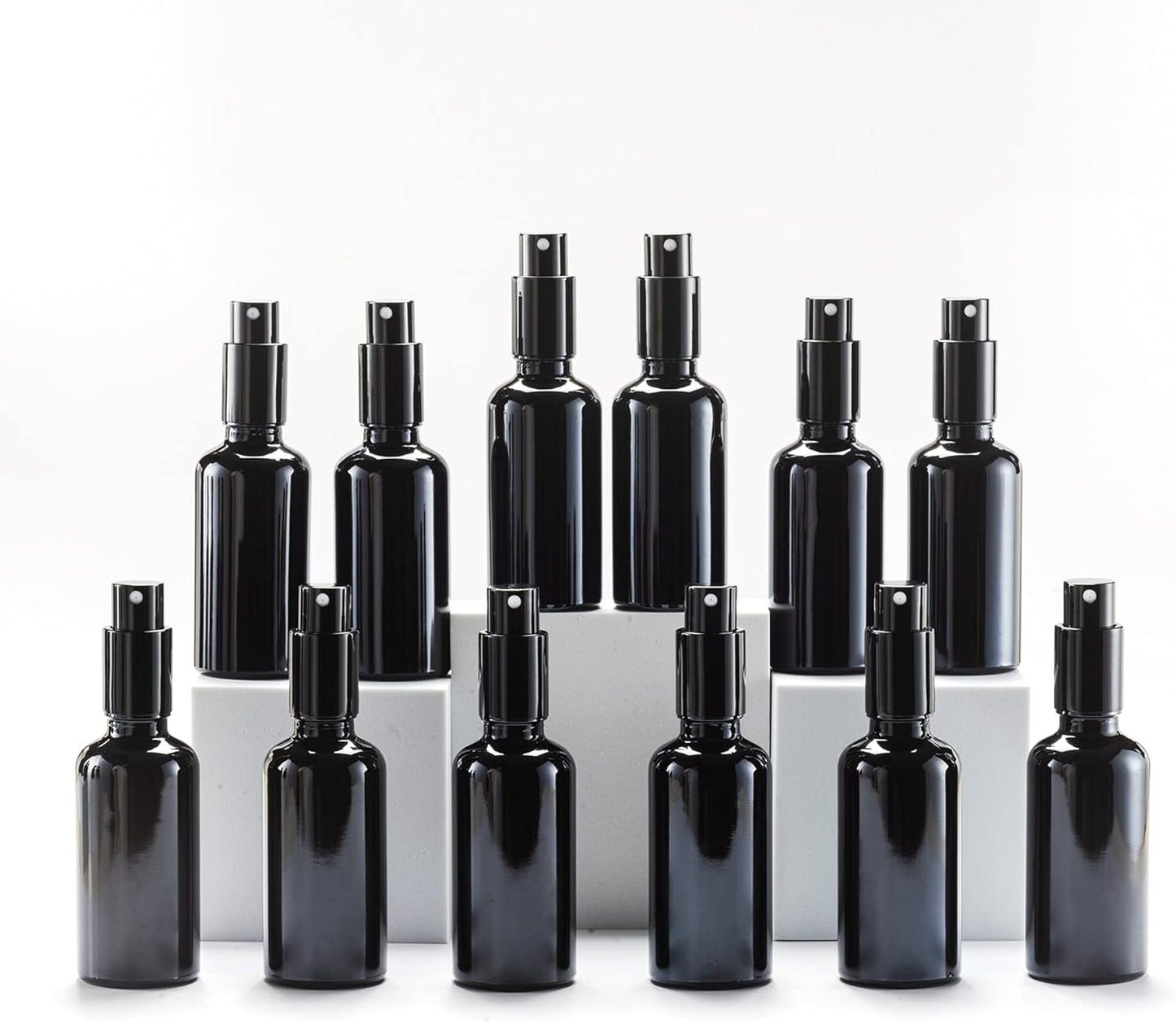 YIZHAO Black Glass Spray Bottles 2oz, with Small Fine Mist Spray, Metal Cap, Refillable for Essential Oil,Travel,Cleaning,Perfume,Aromatherapy,Makeup – 12 Pcs