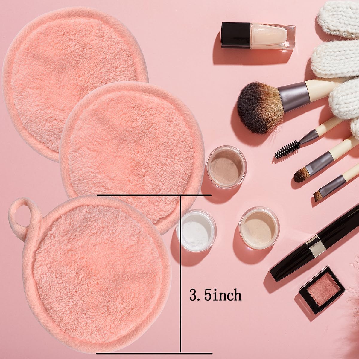 Reusable Makeup Remover Pads 16 Pack Microfiber Cleansing Facial Rounds Wipes Face, Eyes, Lips(3.5inch, coral)