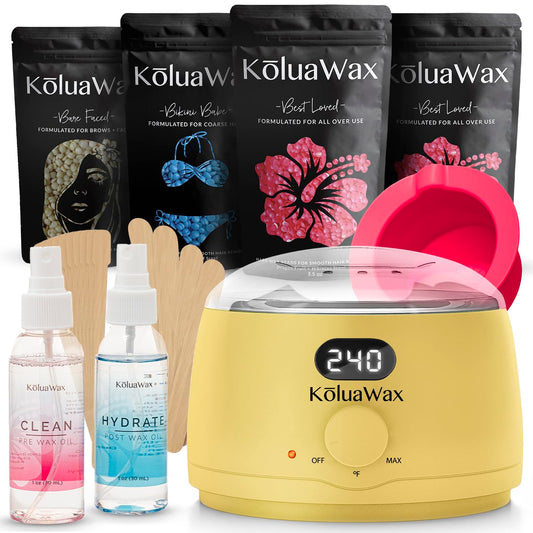 KoluaWax Premium Waxing Kit for Women - Hot Melt Hard Wax Warmer for Hair Removal, Eyebrow, Bikini, Legs, Face, Brazilian Wax - Machine, 4-Pack Beads, Accessories, Sun
