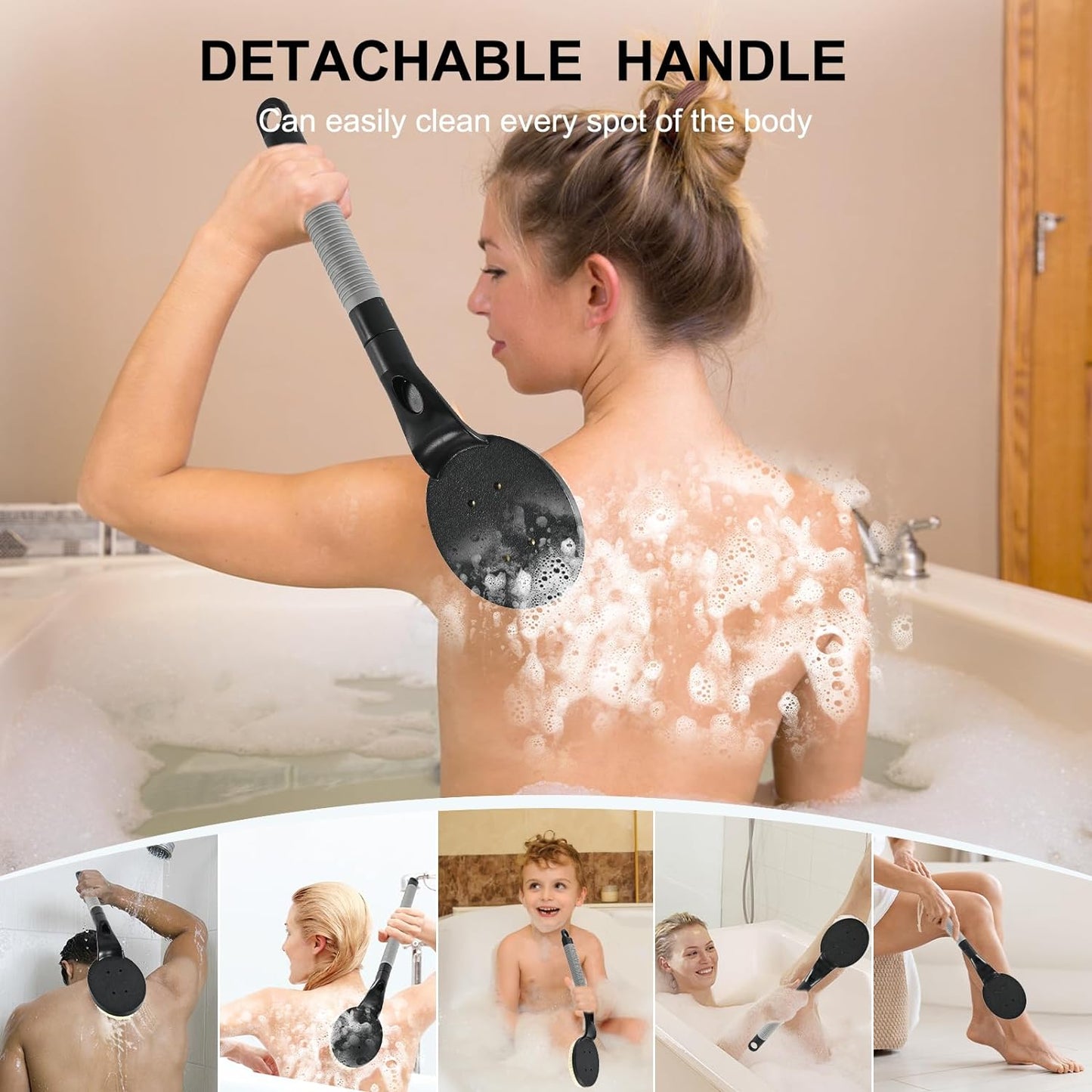 Back Scrubber Anti Slip for Shower, 21.7” Detachable Back Bath Brush for Shower, Back Scrubber, Exfoliation and Improved Skin Health for Elderly with Limited Arm Movement, Disabled (21.7” Black)