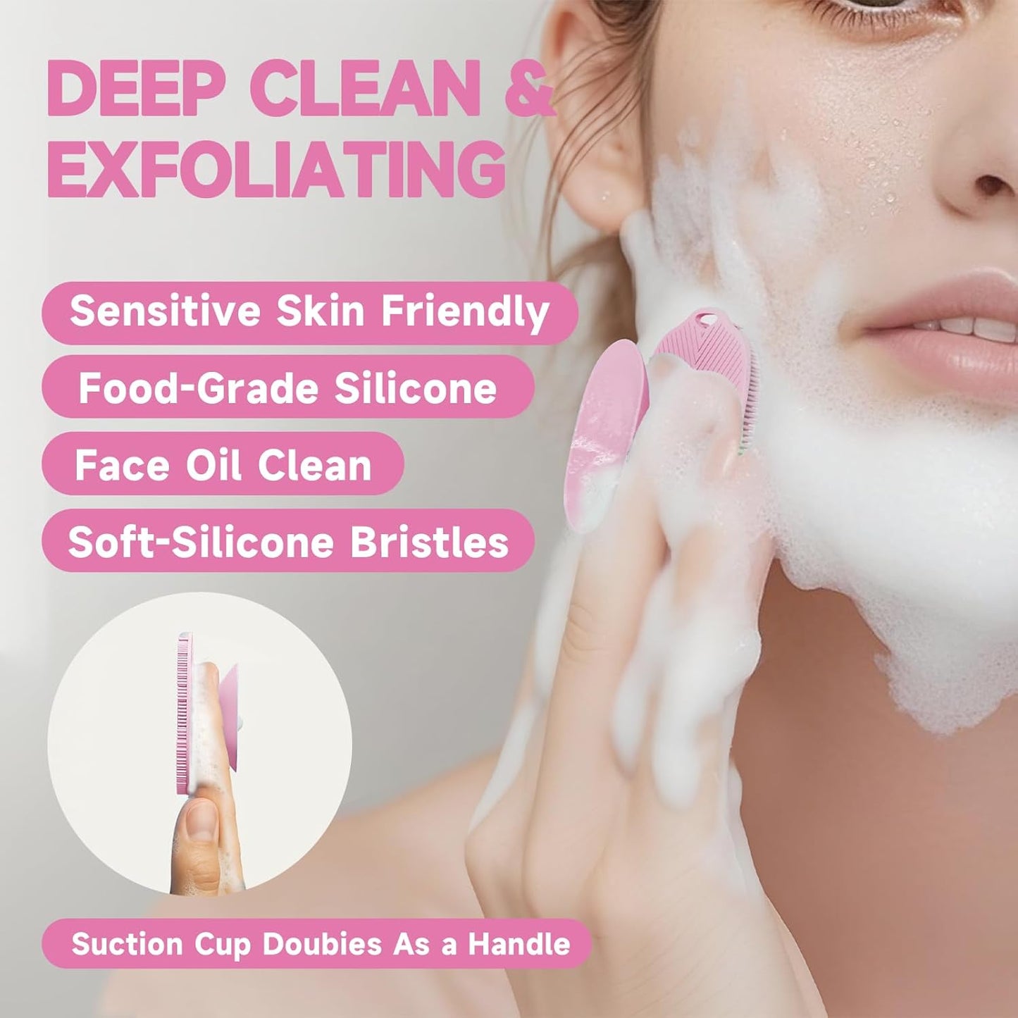 2 PCS Face Scrubber, Soft Silicone Face Exfoliator with Suction Cup for Man and Women Deep Skin Clean, Gentle Facial Cleaning Brush Suitable for All Sensitive Skin (Pink)