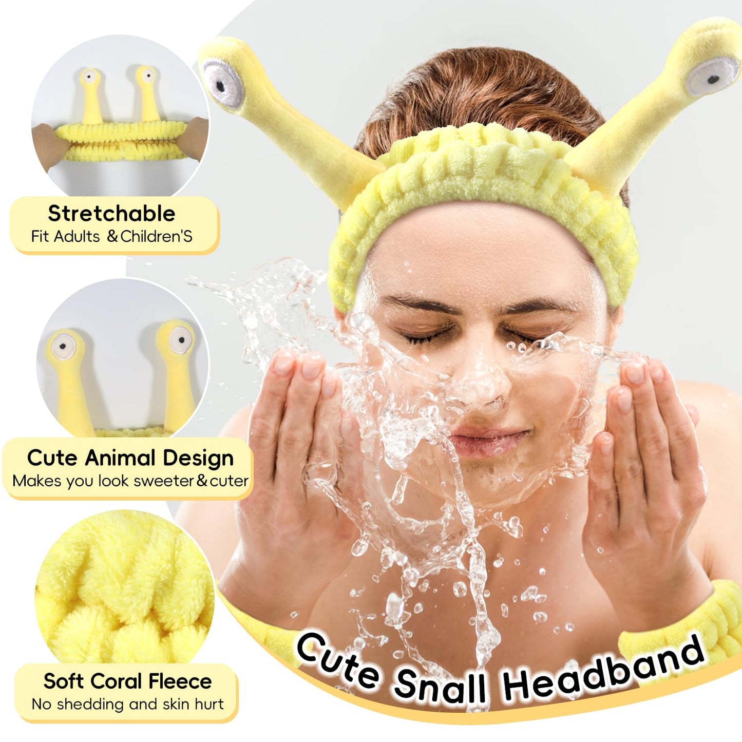Face Wash Headband, Skincare Wrist Bands For Washing Face Set Spa Hair Bands come with a Hair Scrunchie, Cute Yellow snail tentacle Elastic Headband, For Face Washing Makeup Skincare (Yellow)