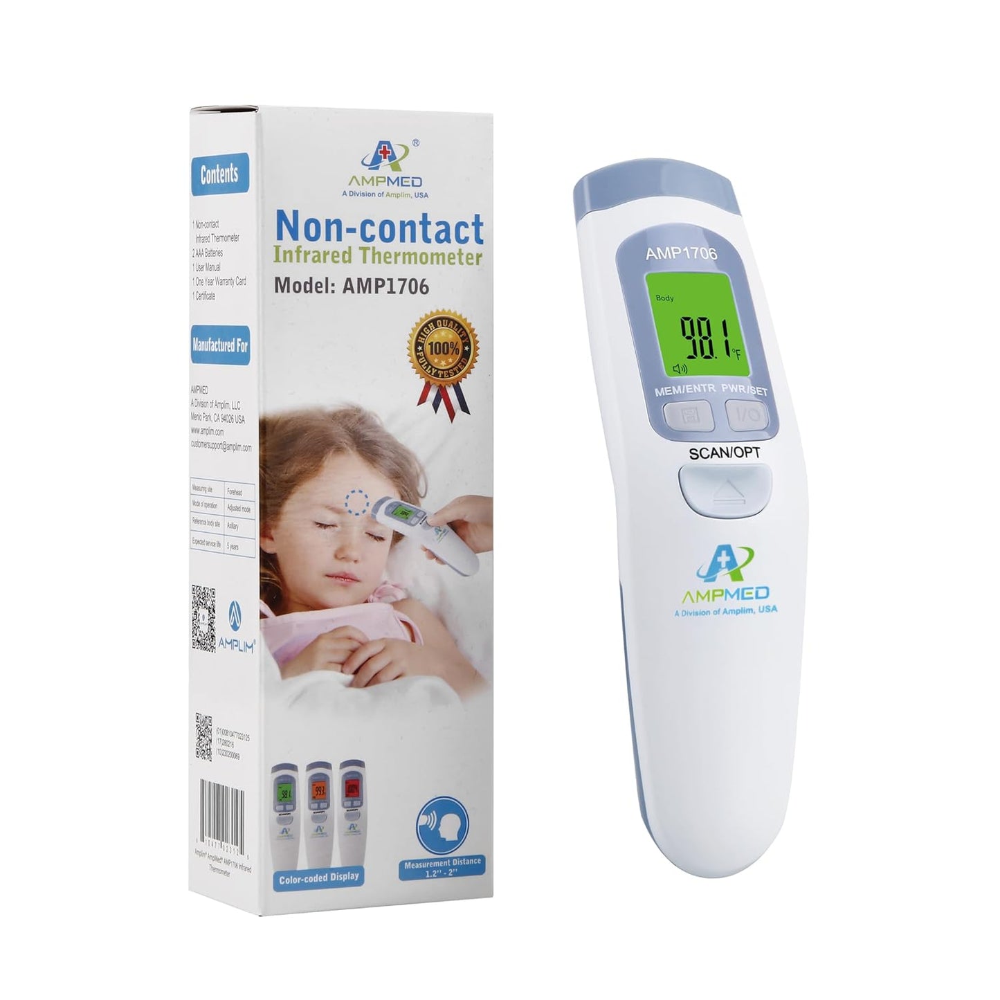 Amplim Non-Contact Forehead Thermometer for Kids and Adults. AmpMed No-Touch Baby Head Temporal Thermometer. Touchless Digital Fever Thermometer for Accurate Temperature Reading (White Blue)