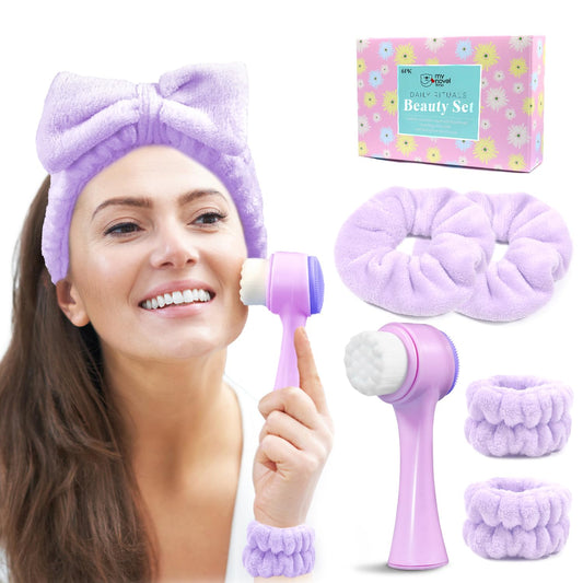 Spa Headband for Washing Face, Skincare headband and wristband set, Facial Cleansing Brush, 2-in-1 Skin Care face Brush, Come with a Hair Scrunchie For Massaging Makeup Skincare-Purple
